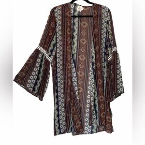 (B3) Grace + Emma Open Front Brown Boho Tribal Bell Sleeve Duster Kimono L-XL